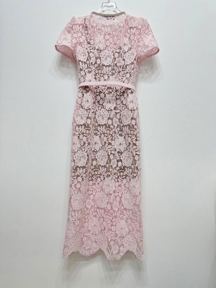 Nerissa Pink Lace Crystal Button Up Midi Dress - ALLARA