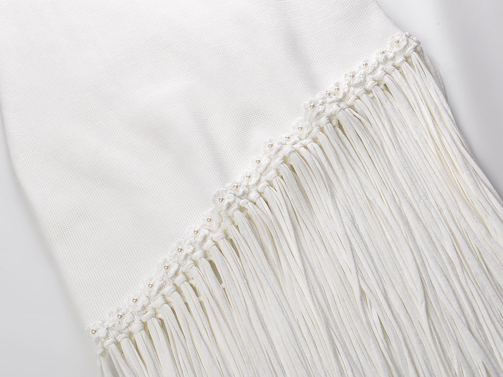 Celestia Sleeveless White Knit Midi Dress with Tassel Hem