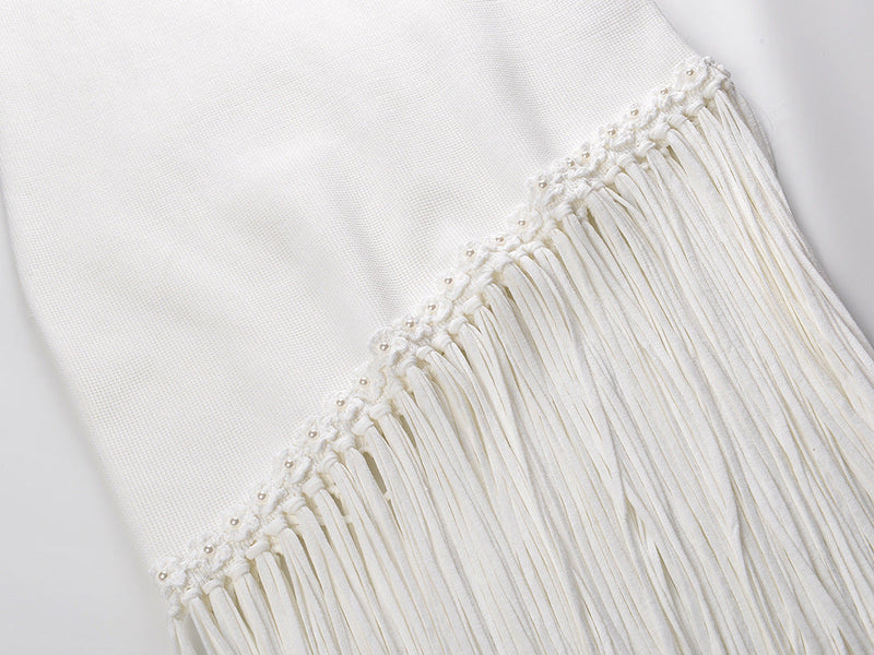Celestia Sleeveless White Knit Midi Dress with Tassel Hem