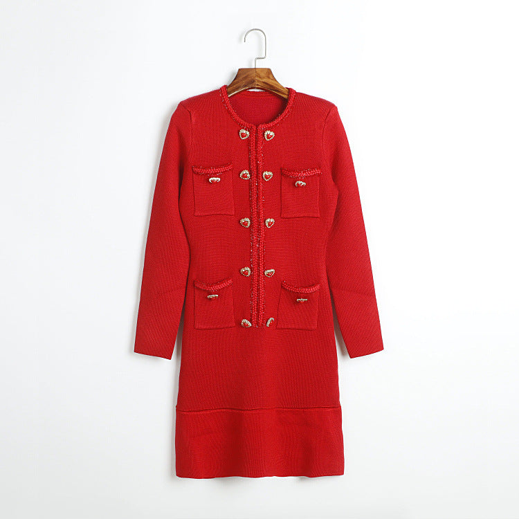 Nia Heart Button Black Glittery Knit Mini Dress