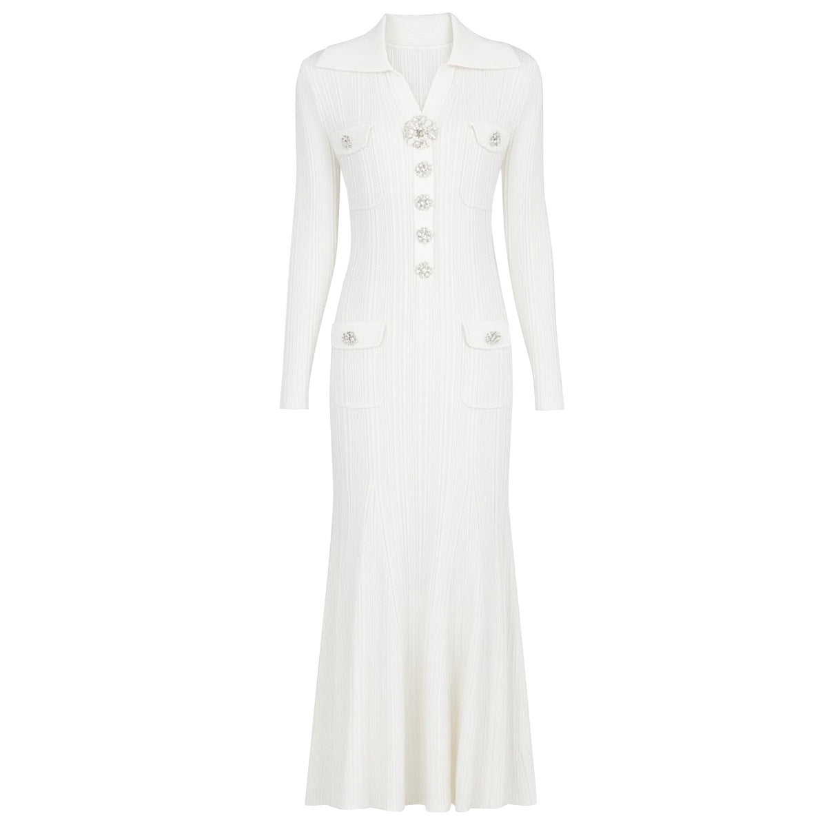 Daphne Knit Mermaid Midi Dress with Crystal Buttons