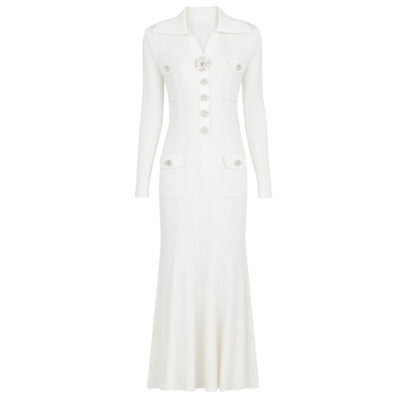 Daphne Knit Mermaid Midi Dress with Crystal Buttons