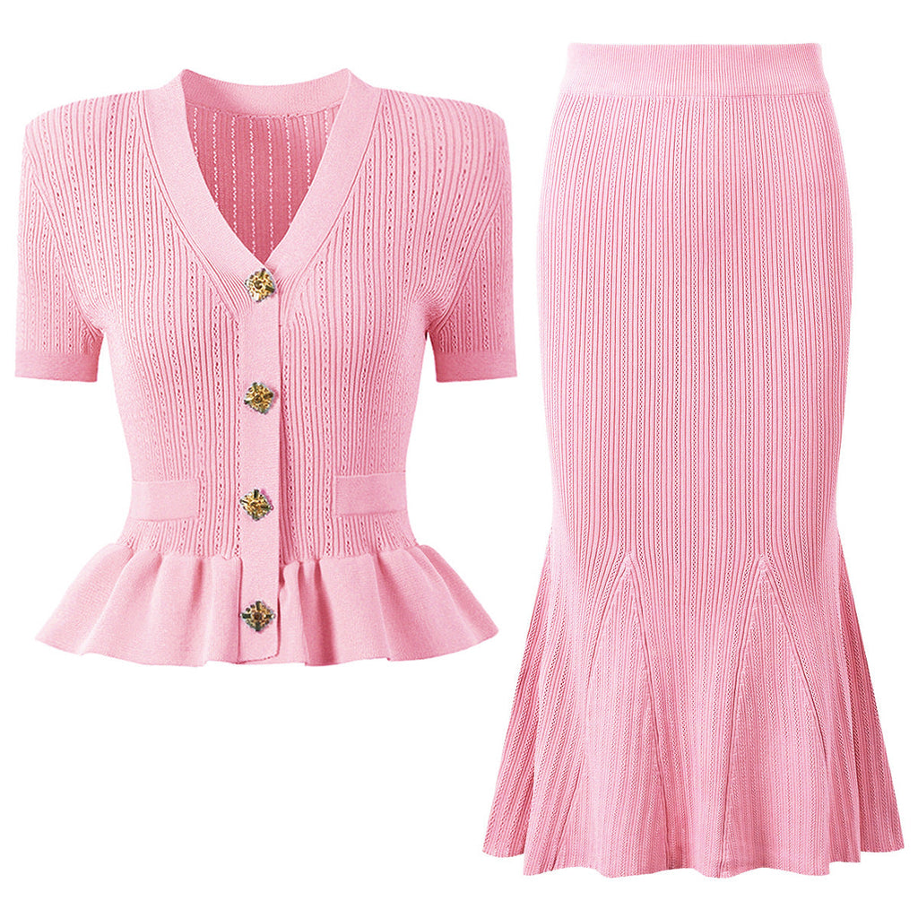 Alessandra Peplum Button Up Cardigan and Midi Skirt Set