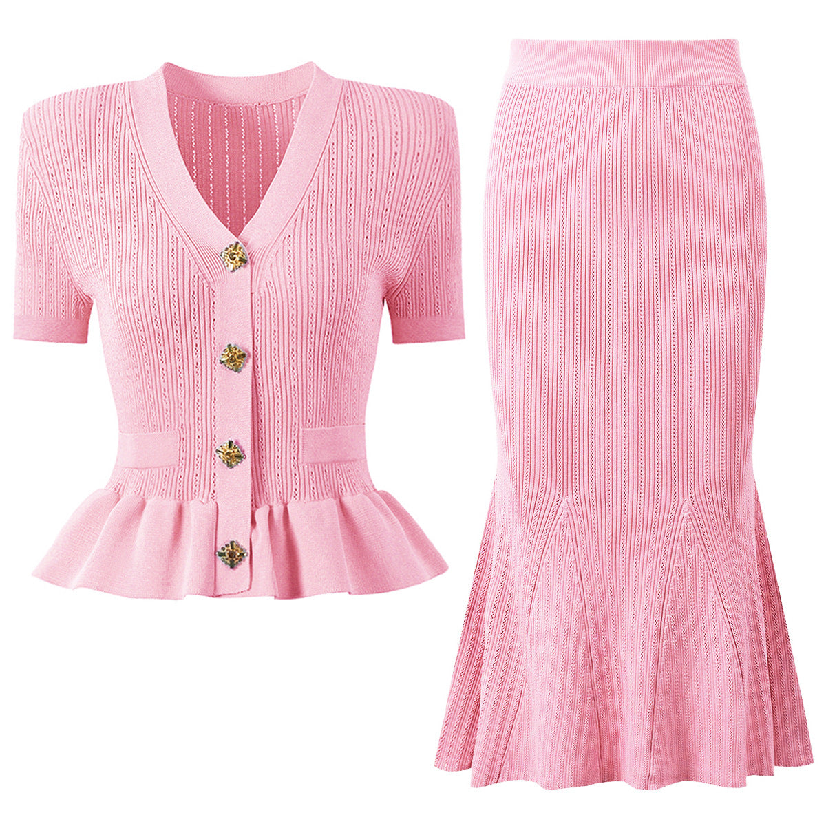 Alessandra Peplum Button Up Cardigan & Skirt Two Piece Set
