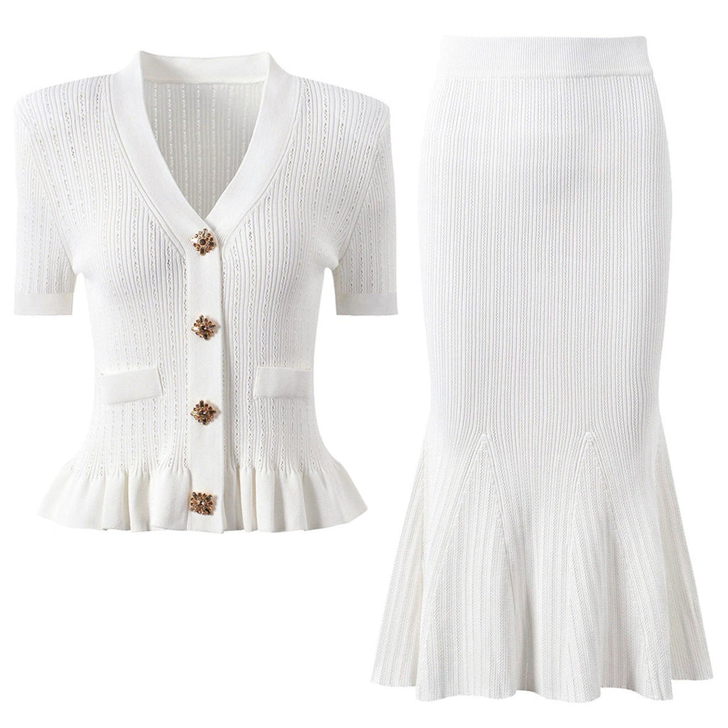 Alessandra Peplum Button Up Cardigan and Midi Skirt Set