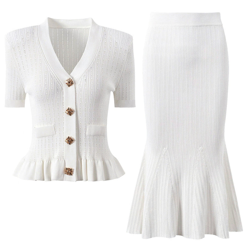 Alessandra Peplum Button Up Cardigan & Skirt Two Piece Set