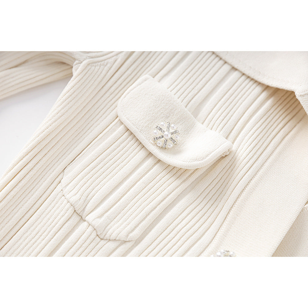 Indira Beige Knit Maxi Dress with Lapel Collar