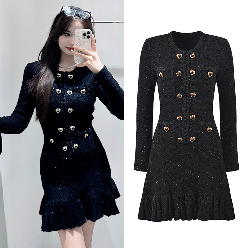 Nia Heart Button Black Glittery Knit Mini Dress