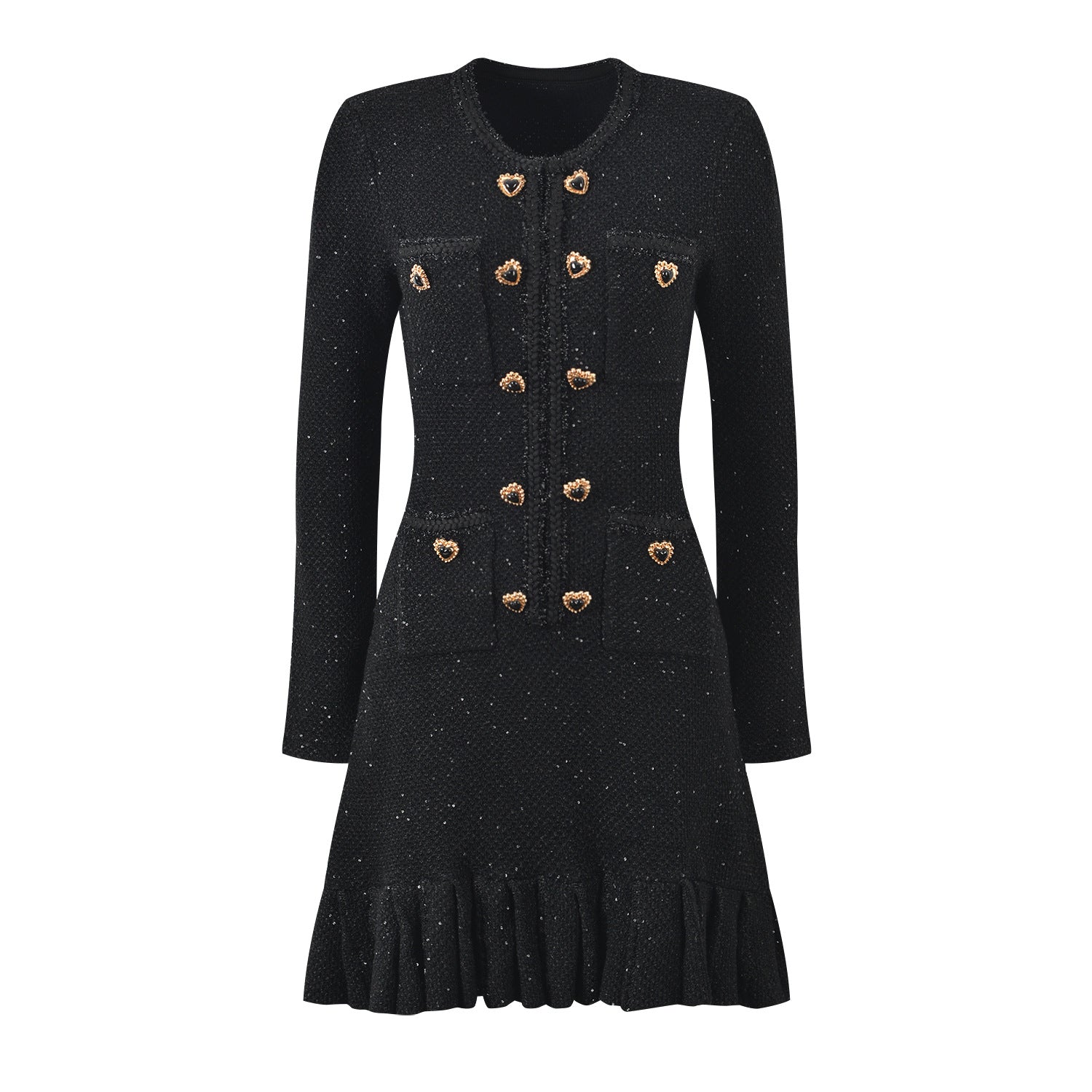 Nia Heart Button Black Glittery Knit Mini Dress