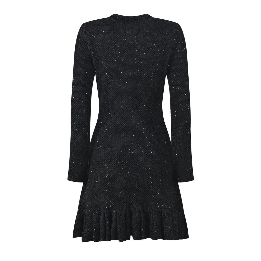 Nia Heart Button Black Glittery Knit Mini Dress