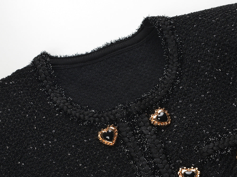 Nia Heart Button Black Glittery Knit Mini Dress