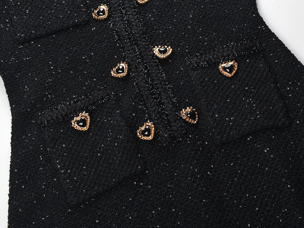 Nia Heart Button Black Glittery Knit Mini Dress