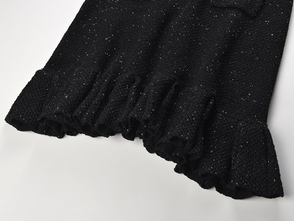 Nia Heart Button Black Glittery Knit Mini Dress