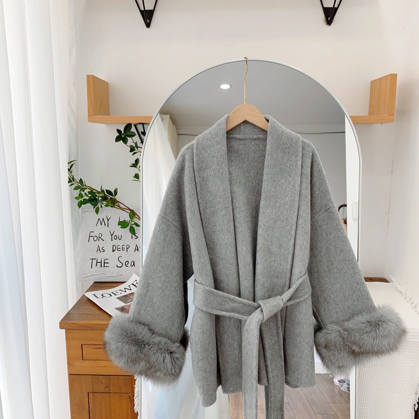 Giselle Wool Wrap Coat with Faux Fur Cuffs