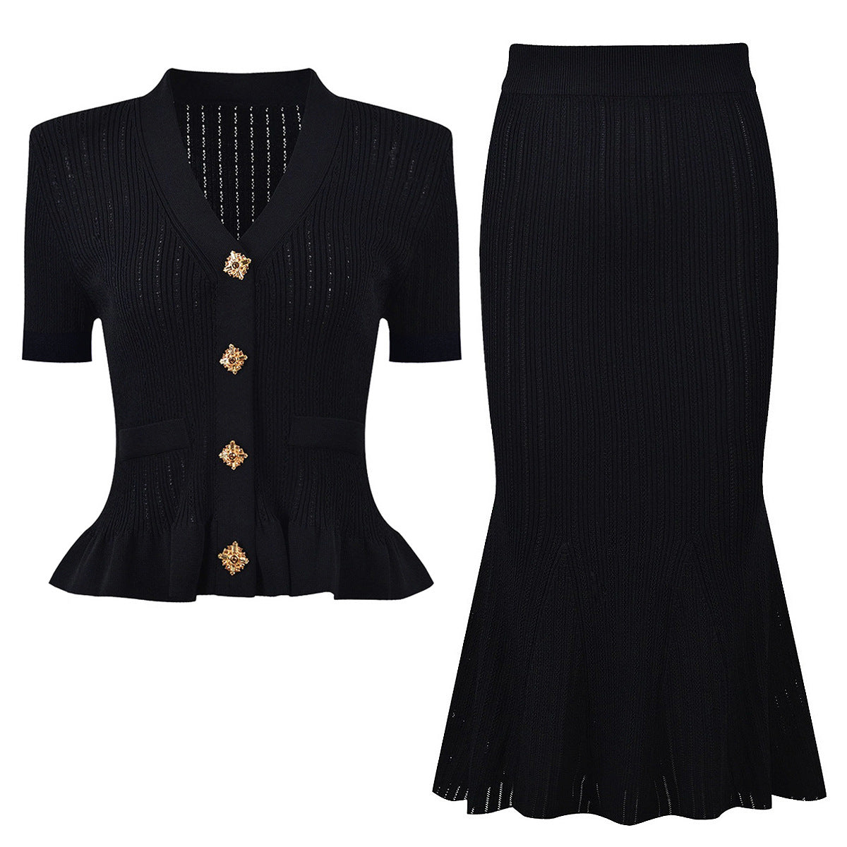 Alessandra Peplum Button Up Cardigan & Skirt Two Piece Set