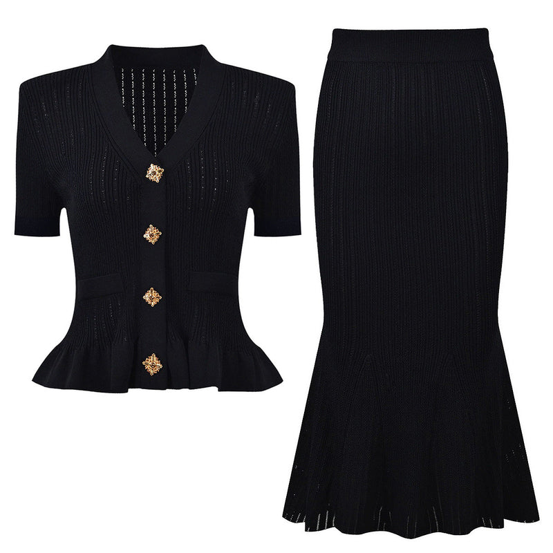 Alessandra Peplum Button Up Cardigan & Skirt Two Piece Set