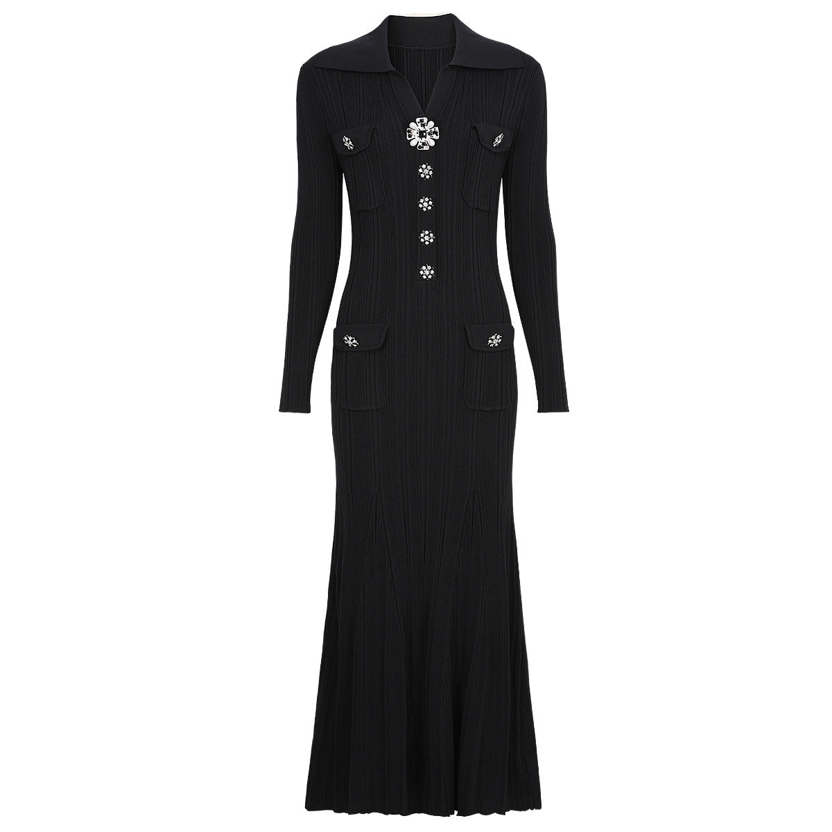 Daphne Knit Mermaid Midi Dress with Crystal Buttons