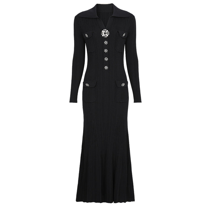 Daphne Knit Mermaid Midi Dress with Crystal Buttons
