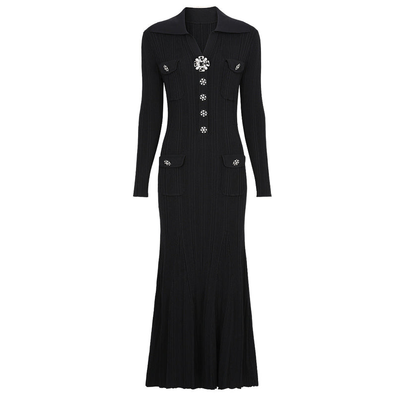 Daphne Knit Mermaid Midi Dress with Crystal Buttons