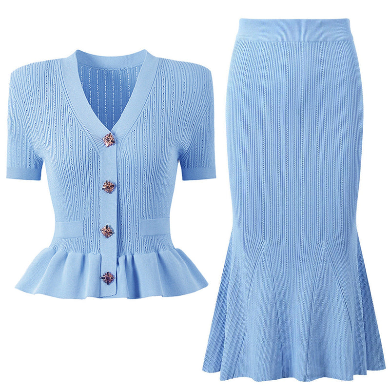 Alessandra Peplum Button Up Cardigan & Skirt Two Piece Set