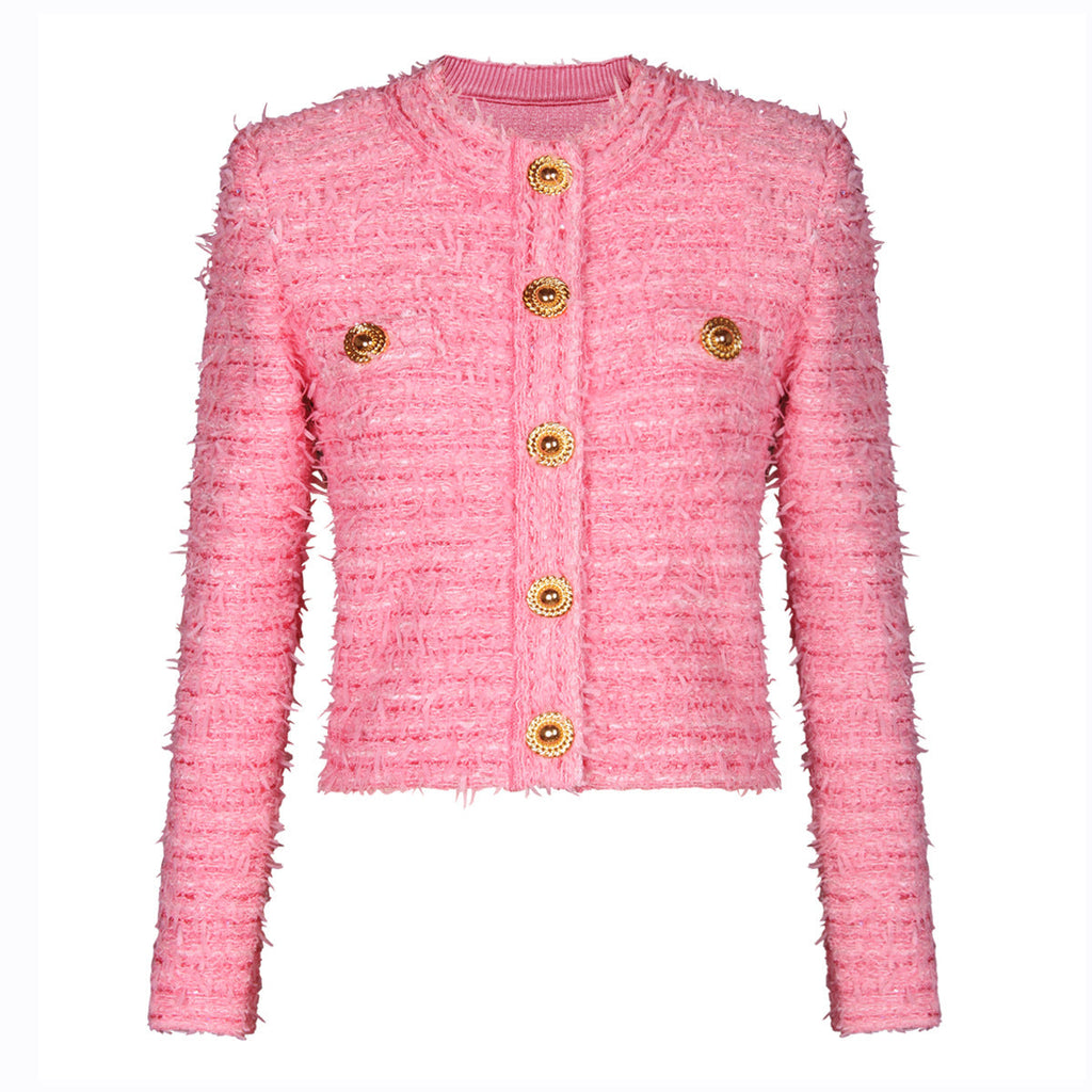 Chela Pink Cropped Textured Knit Cardigan