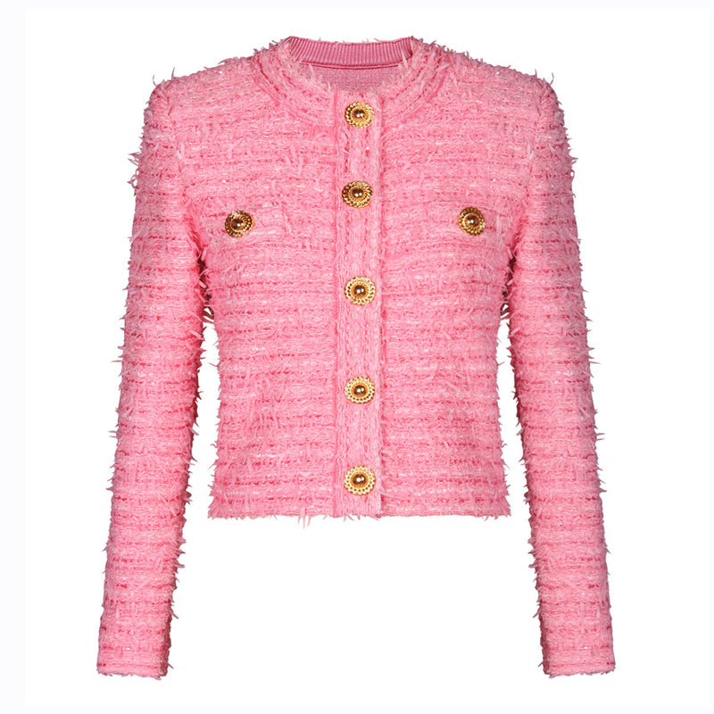 Chela Pink Cropped Textured Knit Cardigan