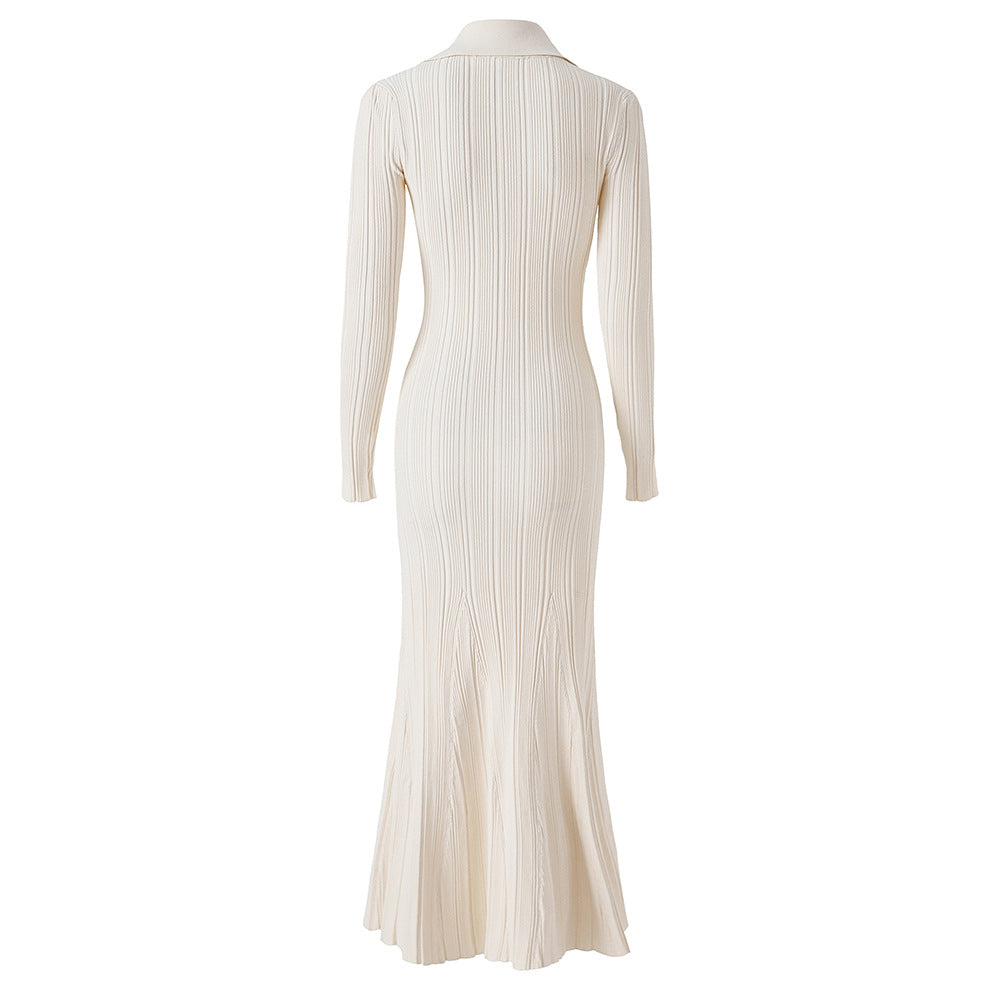 Indira Beige Knit Maxi Dress with Lapel Collar
