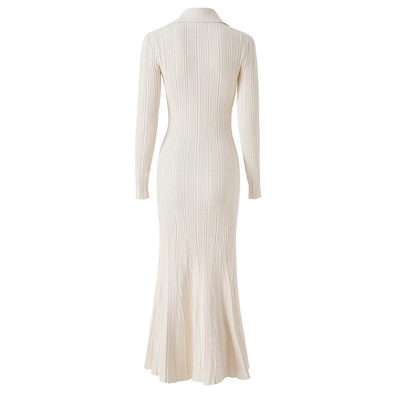 Indira Beige Knit Maxi Dress with Lapel Collar