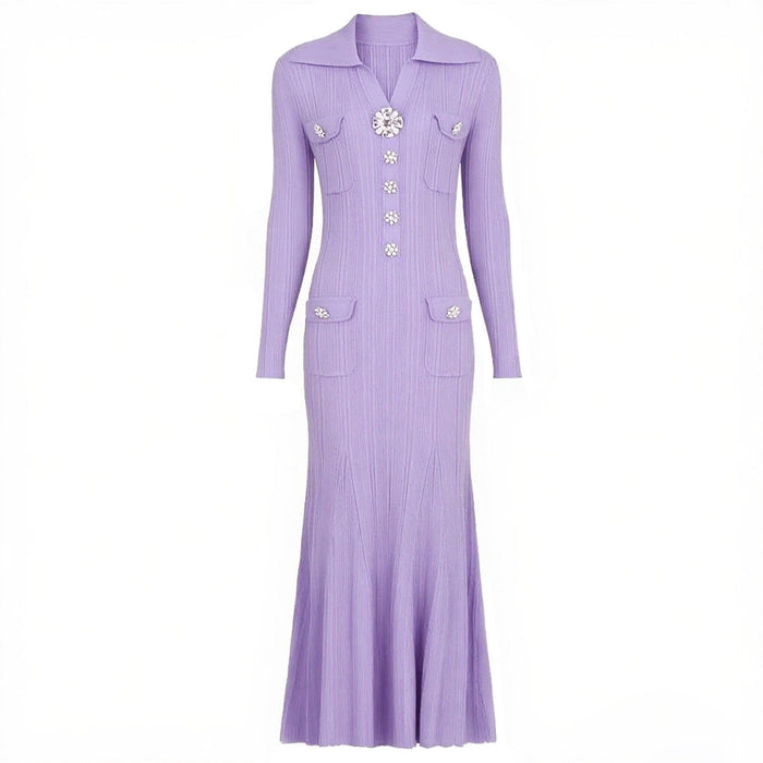 Daphne Knit Mermaid Midi Dress with Crystal Buttons