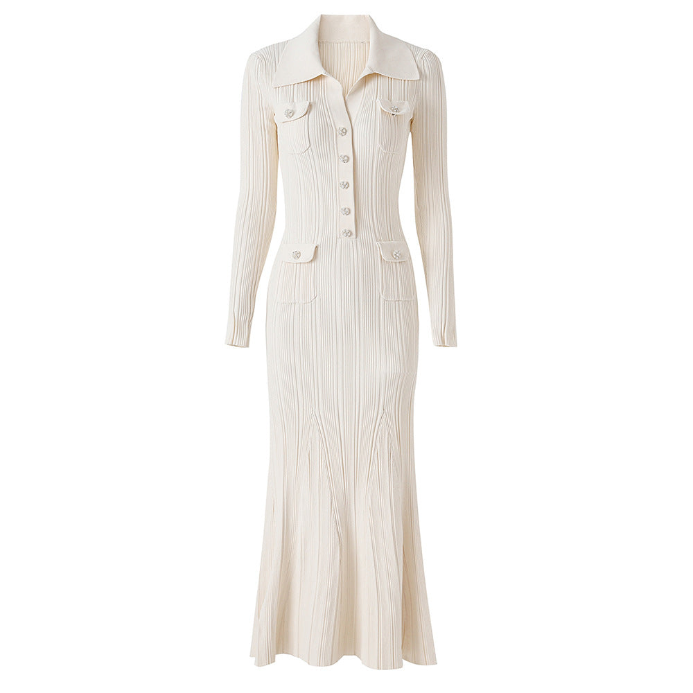 Indira Beige Knit Maxi Dress with Lapel Collar