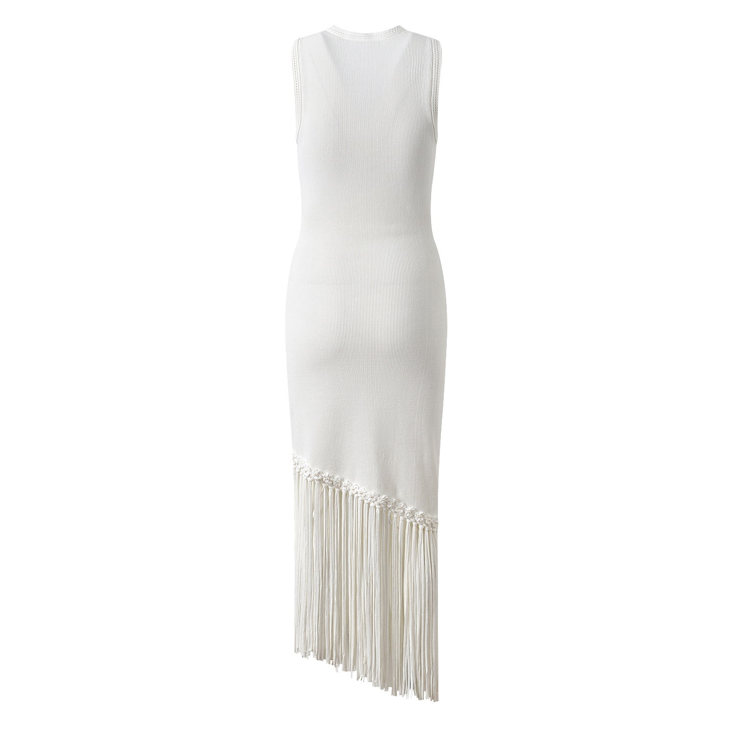 Celestia Sleeveless White Knit Midi Dress with Tassel Hem