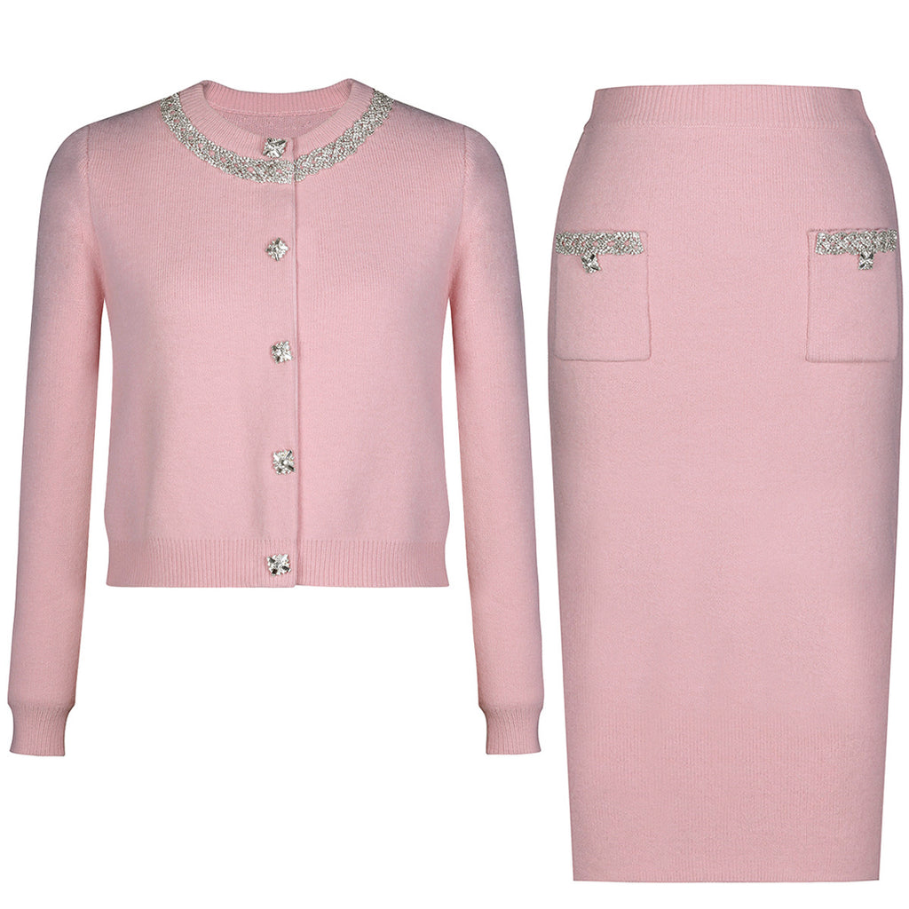 Piper Crystal Mock Neck Cardigan and Skirt Set