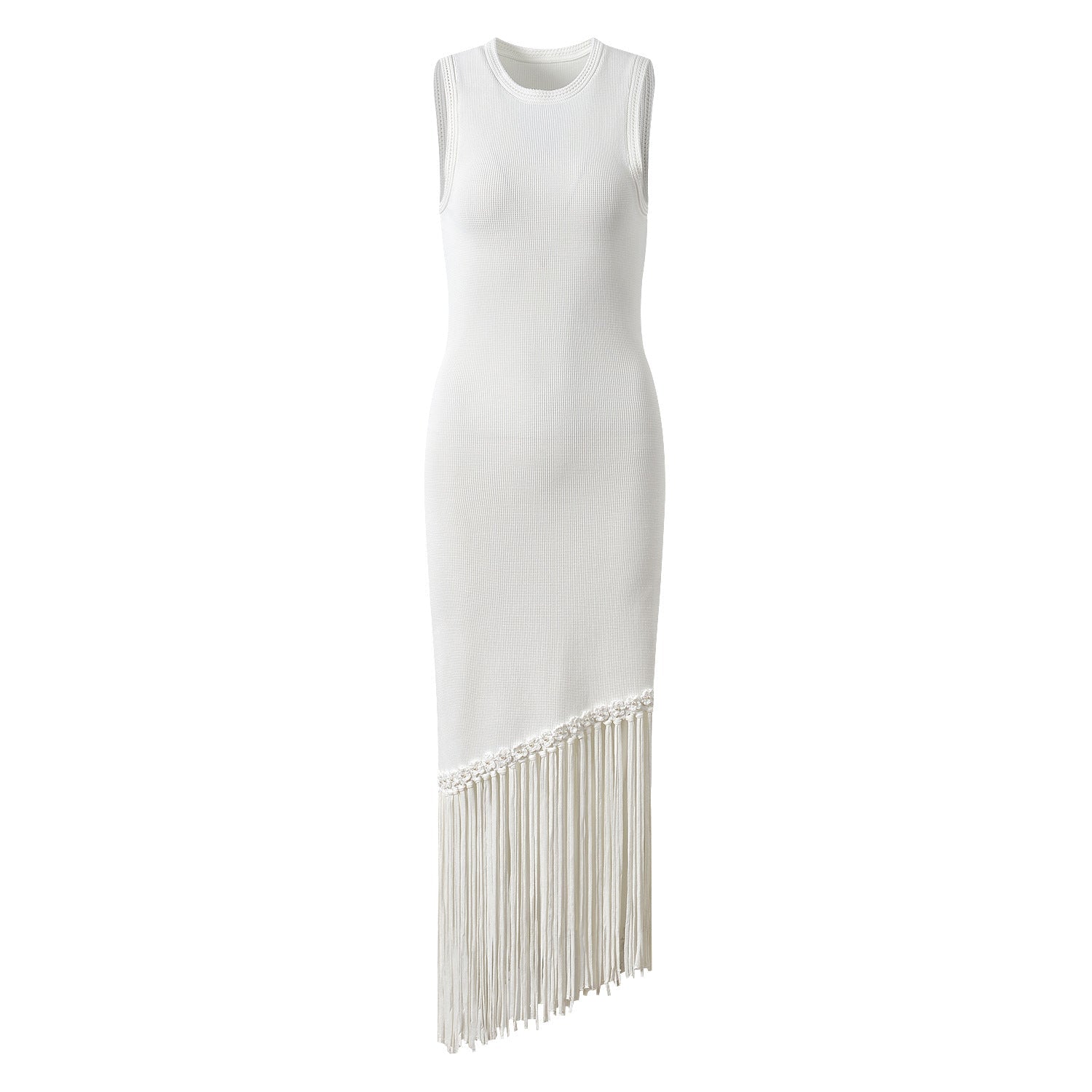 Celestia Sleeveless White Knit Midi Dress with Tassel Hem