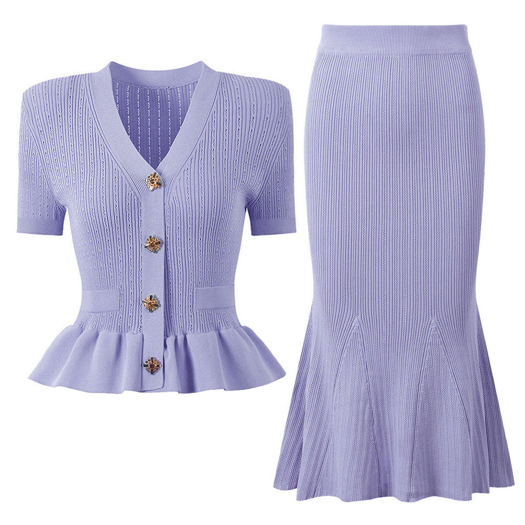 Alessandra Peplum Button Up Cardigan and Midi Skirt Set