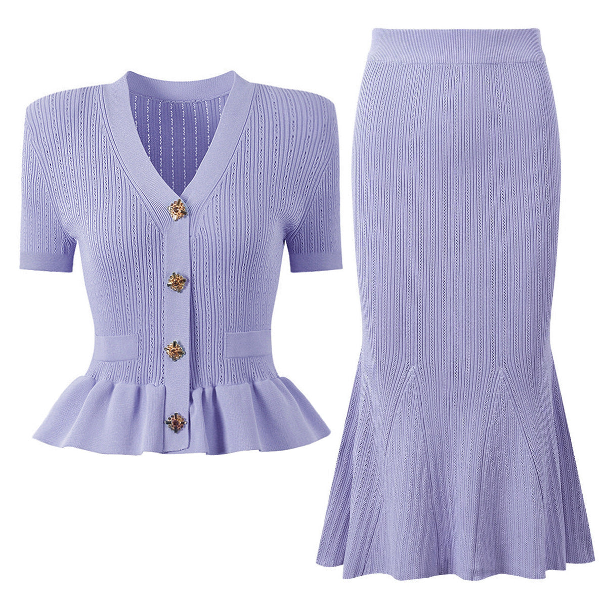 Alessandra Peplum Button Up Cardigan & Skirt Two Piece Set