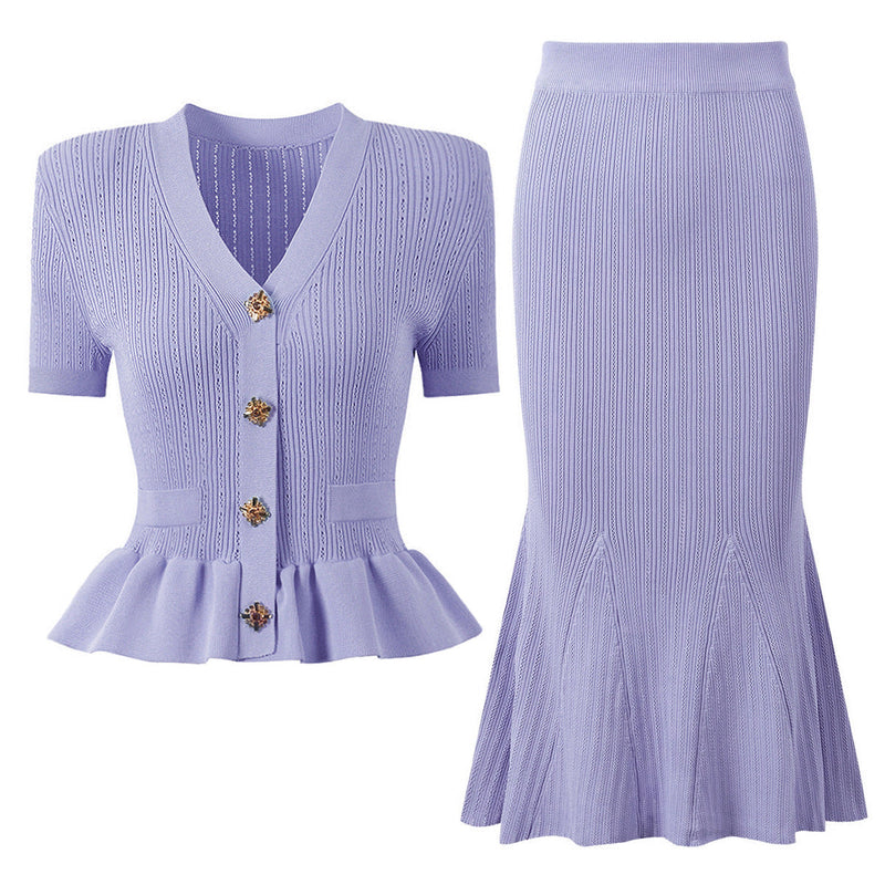 Alessandra Peplum Button Up Cardigan & Skirt Two Piece Set