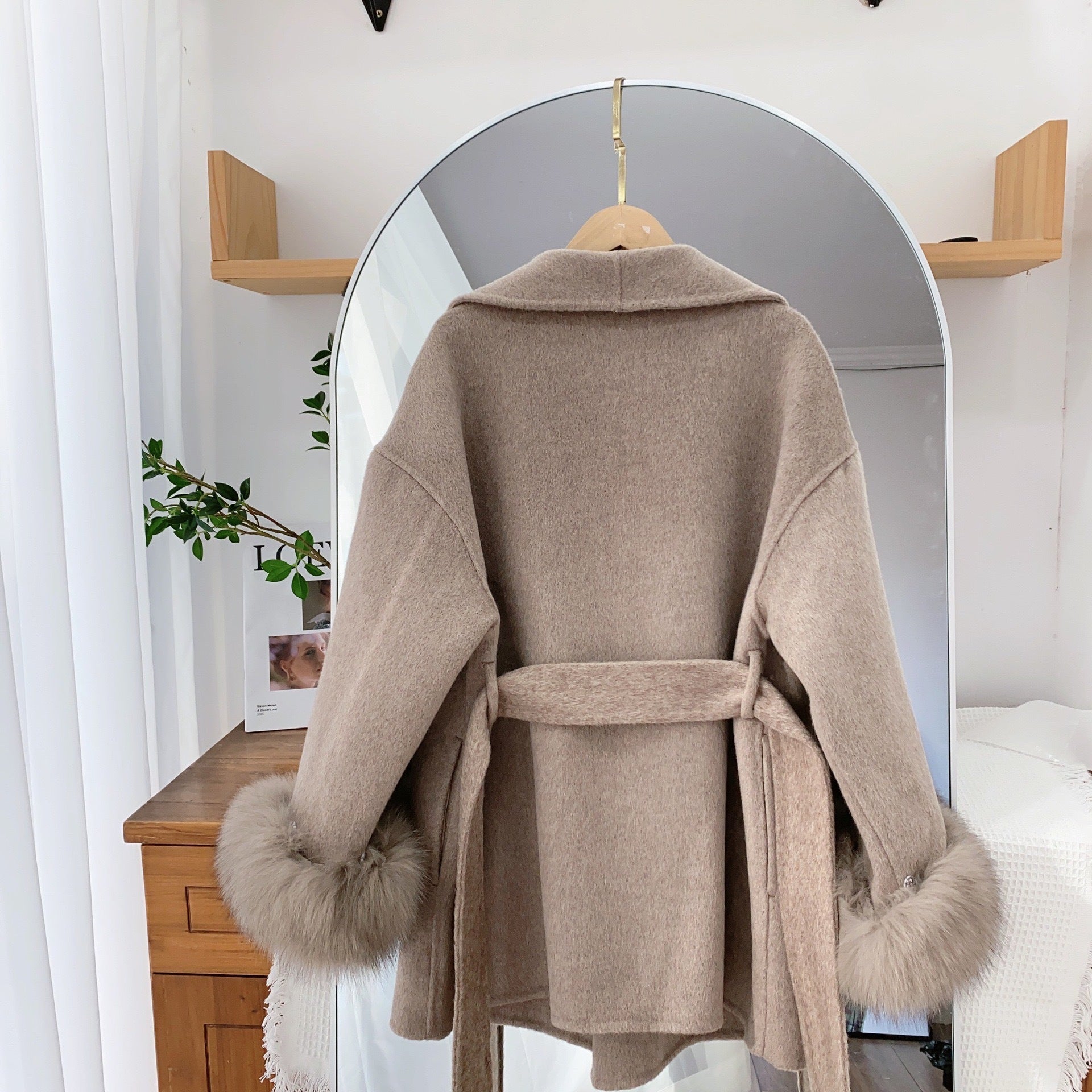 Giselle Wool Wrap Coat with Faux Fur Cuffs