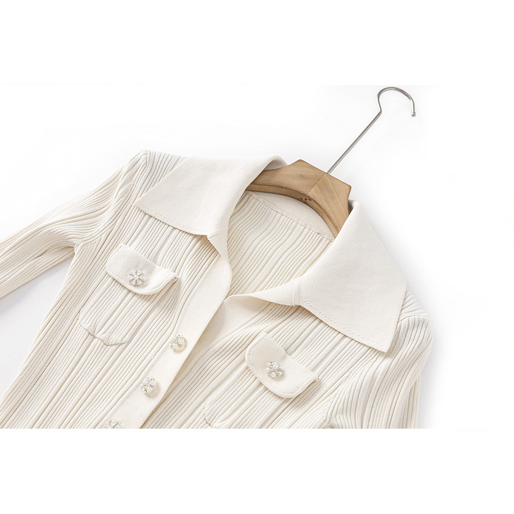 Indira Beige Knit Maxi Dress with Lapel Collar for Women - Allara White / S Indira Beige Knit Maxi Dress with Lapel Collar for Women - Allara White / S