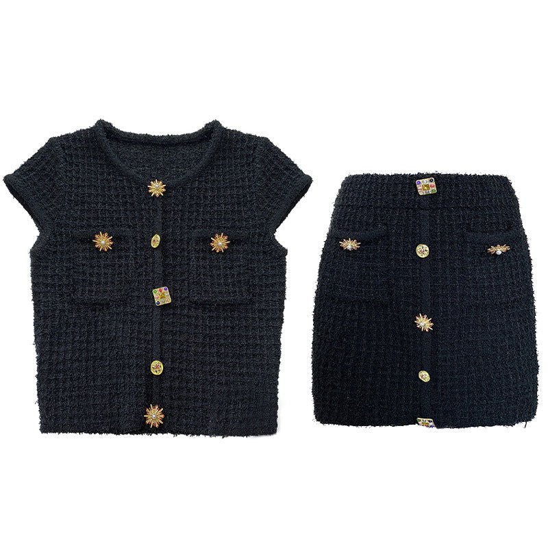 Octavia Tweed Crystal Button Up Crop Top - ALLARA