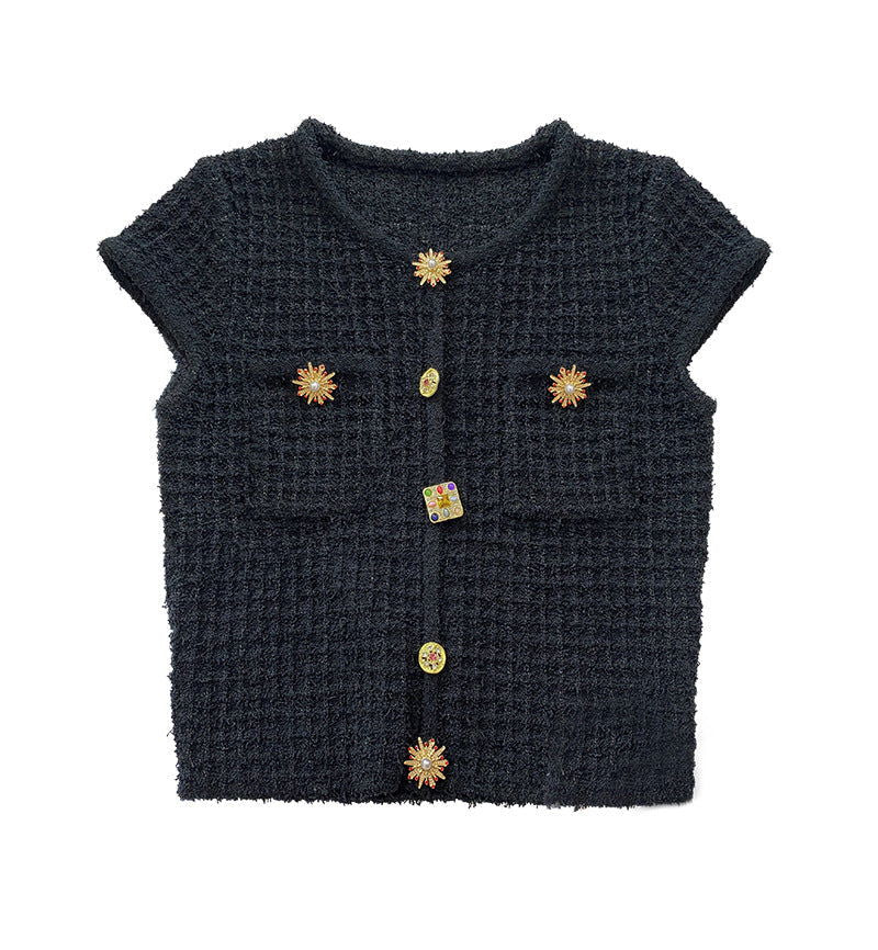 Octavia Tweed Crystal Button Up Crop Top - ALLARA