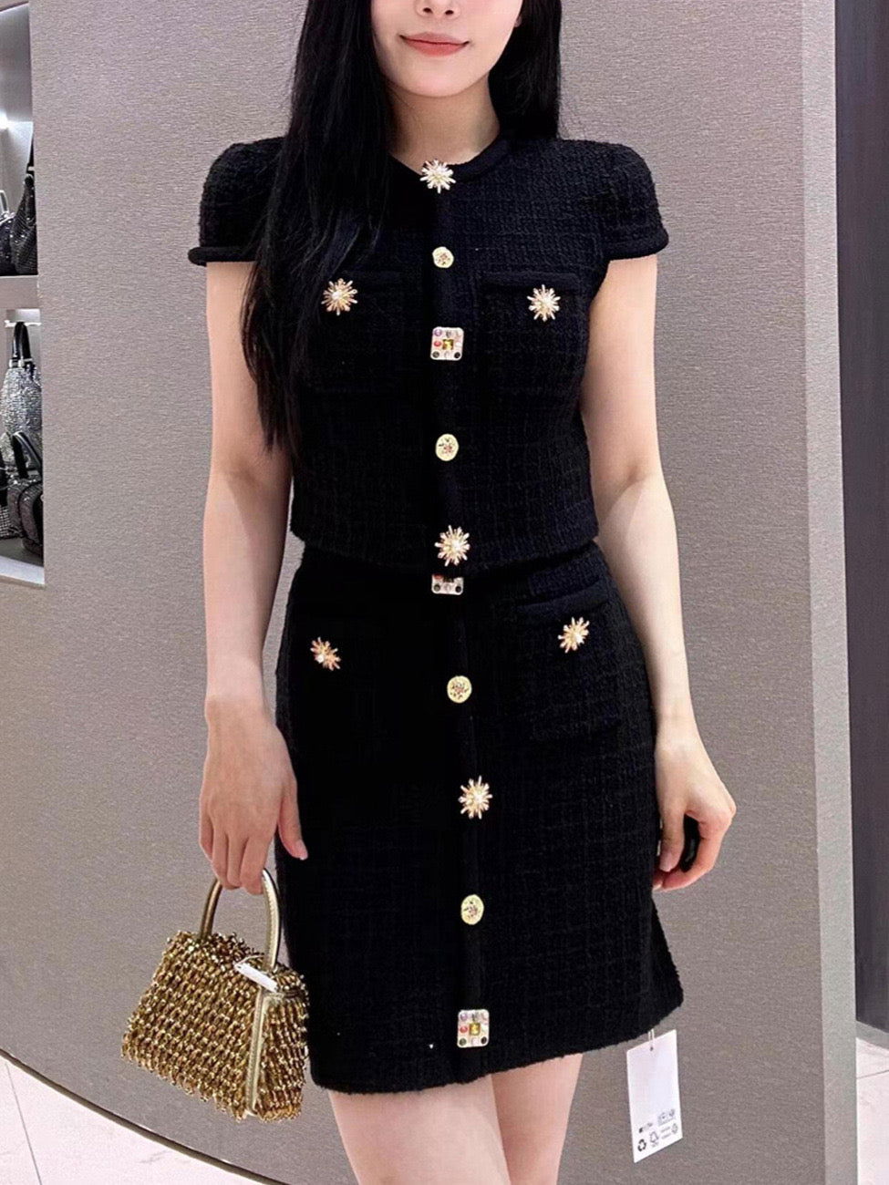 Octavia Tweed Crystal Button Up Mini Skirt - ALLARA