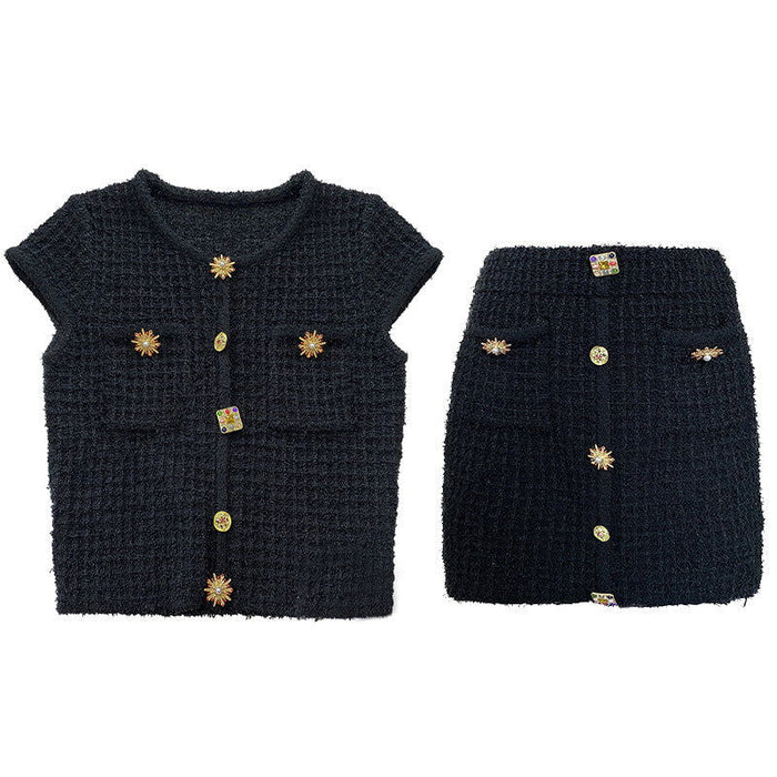 Octavia Tweed Crystal Button Up Mini Skirt - ALLARA