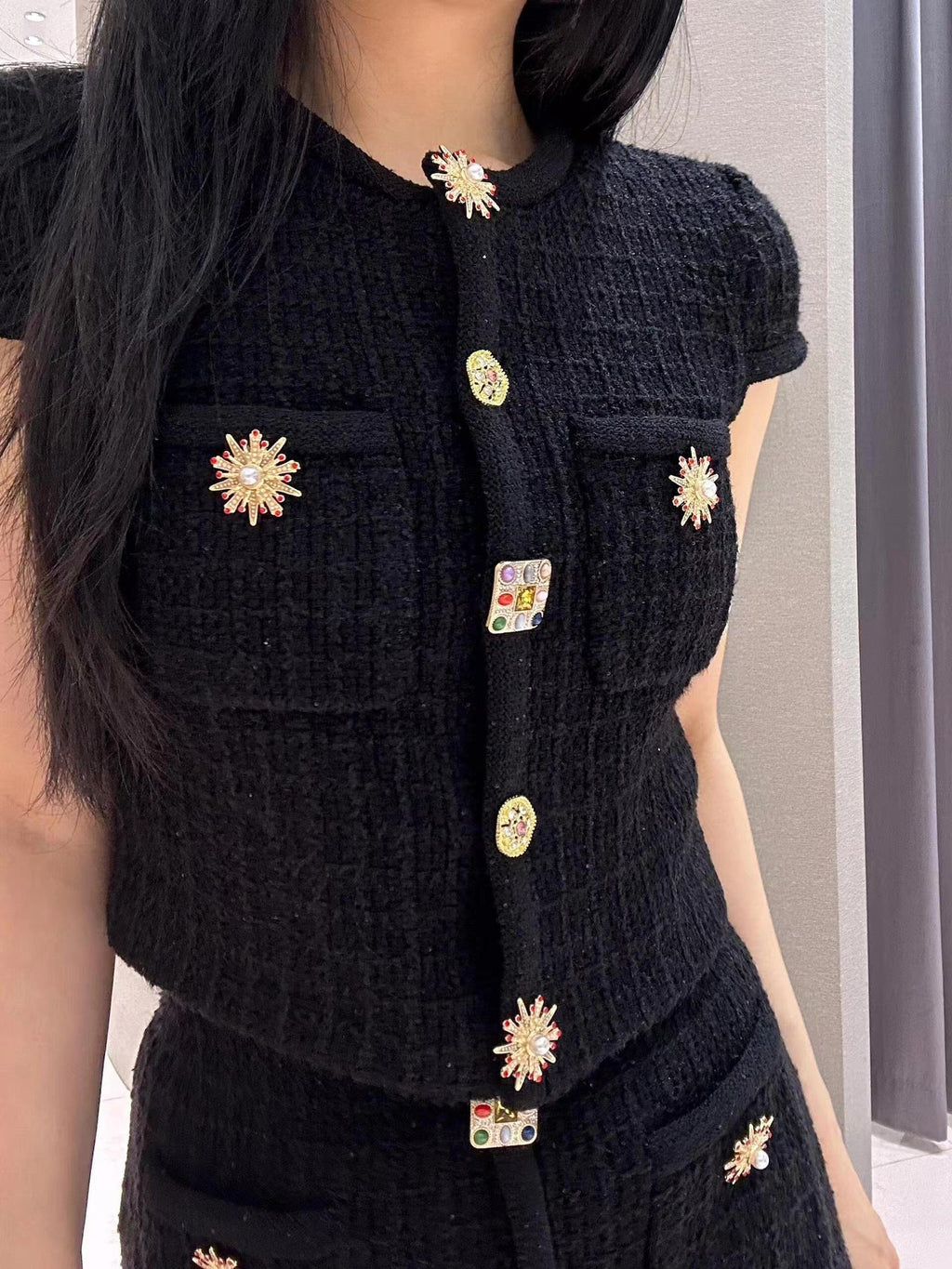 Octavia Tweed Crystal Button Up Mini Skirt - ALLARA