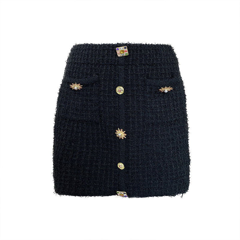 Octavia Tweed Crystal Button Up Mini Skirt - ALLARA