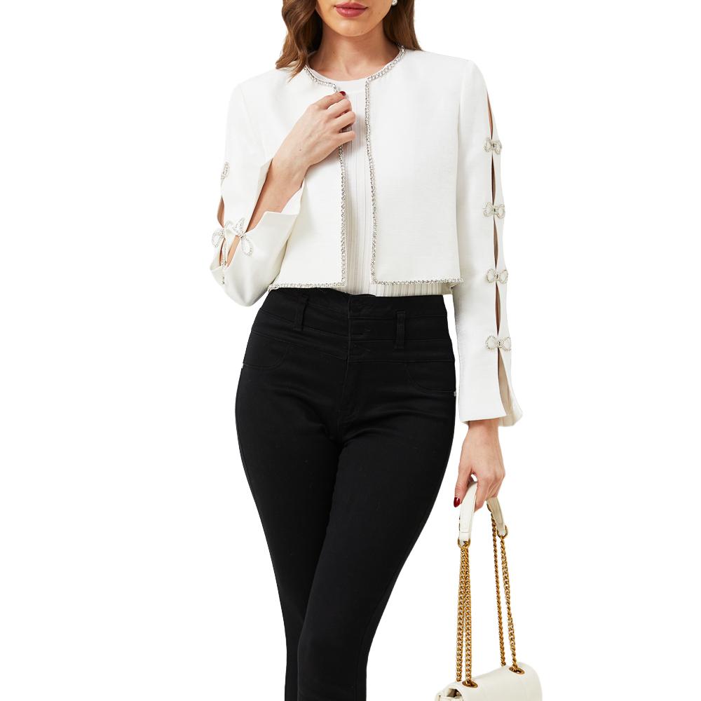 Odessa White Rhinestone Crystal Bow Cropped Cardigan - ALLARA