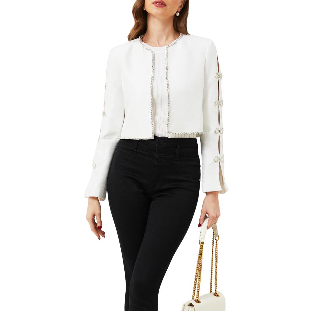 Odessa White Rhinestone Crystal Bow Cropped Cardigan - ALLARA