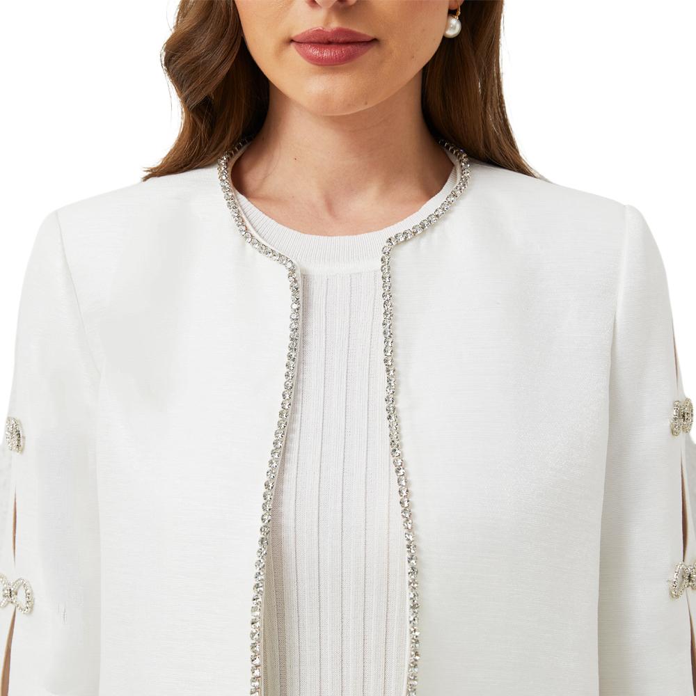 Odessa White Rhinestone Crystal Bow Cropped Cardigan - ALLARA