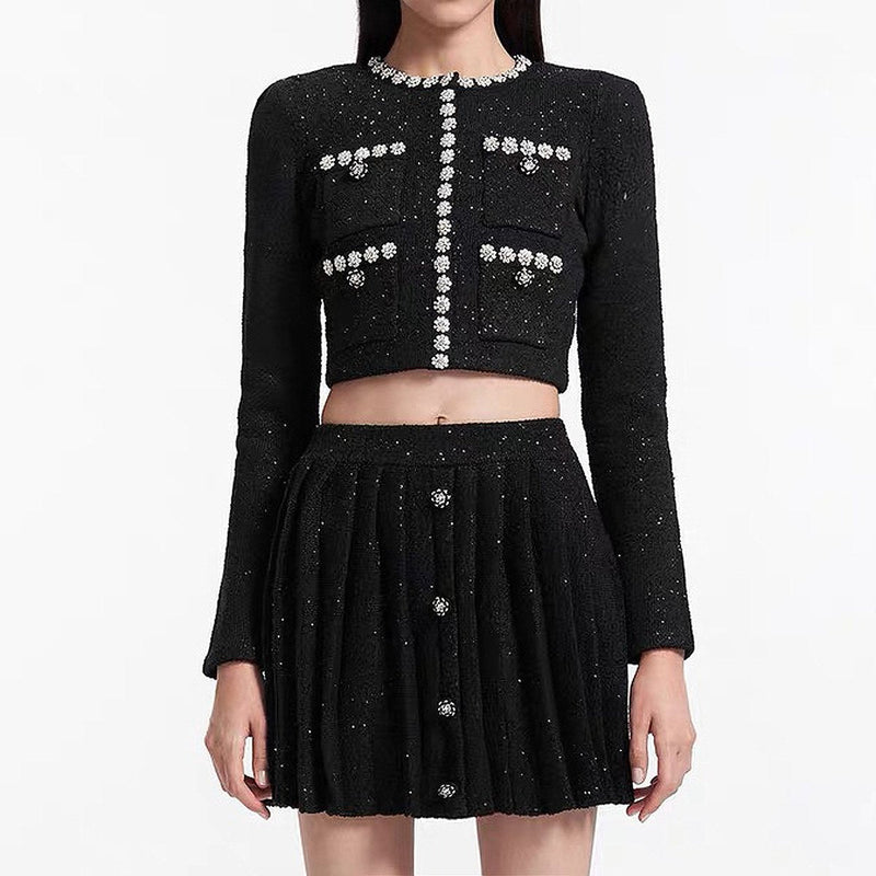 Orla Black Sequin Embroidered Knit Cardigan Skirt Set - ALLARA