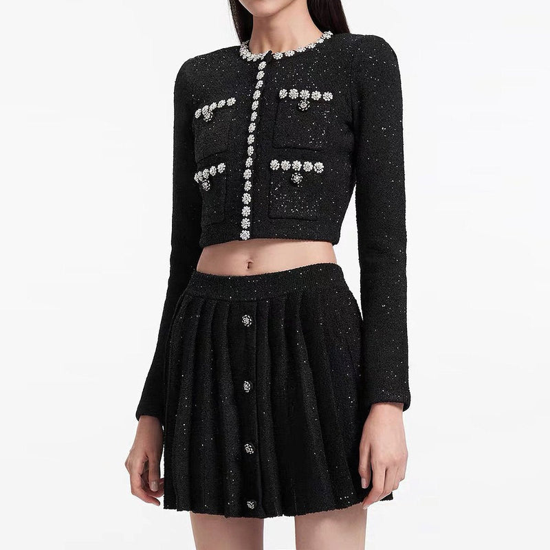 Orla Black Sequin Embroidered Knit Cardigan Skirt Set - ALLARA