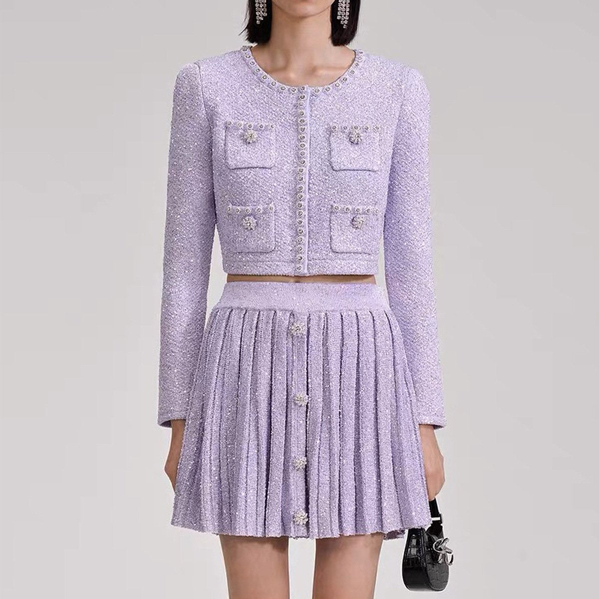 Orla Purple Sequin Embroidered Knit Cardigan Skirt Set - ALLARA